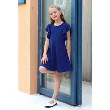 GORLYA Girl's Flutter Sleeve Stretchy A-Line Swing Flared Skater Party Dress with Pockets for 14 Years Kids (GOR1019, 14Y, Blue)
