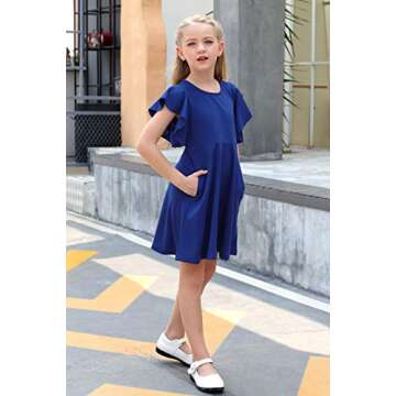 GORLYA Girl's Flutter Sleeve Stretchy A-Line Swing Flared Skater Party Dress with Pockets for 14 Years Kids (GOR1019, 14Y, Blue)