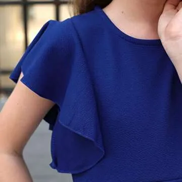 GORLYA Girl's Flutter Sleeve Stretchy A-Line Swing Flared Skater Party Dress with Pockets for 14 Years Kids (GOR1019, 14Y, Blue)