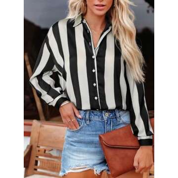 Astylish Women Fashion Button Down Soft Silky Shirt 2024 V-Neck Nice Color Block Long Sleeve Basic Work Formal Casual Blouse Striped Black Small