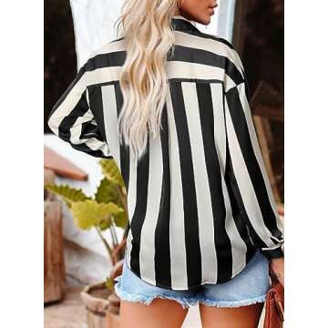 Astylish Women Fashion Button Down Soft Silky Shirt 2024 V-Neck Nice Color Block Long Sleeve Basic Work Formal Casual Blouse Striped Black Small