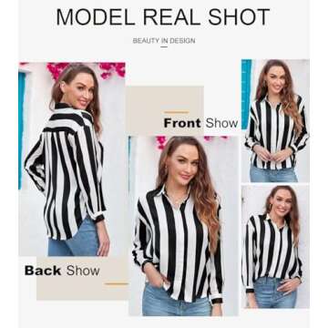 Astylish Women Fashion Button Down Soft Silky Shirt 2024 V-Neck Nice Color Block Long Sleeve Basic Work Formal Casual Blouse Striped Black Small