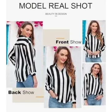 Astylish Women Fashion Button Down Soft Silky Shirt 2024 V-Neck Nice Color Block Long Sleeve Basic Work Formal Casual Blouse Striped Black Small