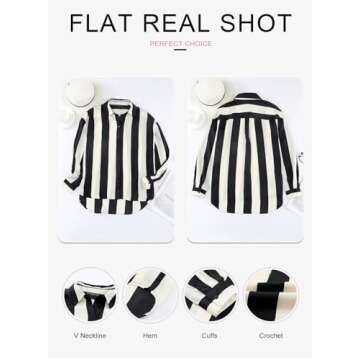 Astylish Women Fashion Button Down Soft Silky Shirt 2024 V-Neck Nice Color Block Long Sleeve Basic Work Formal Casual Blouse Striped Black Small