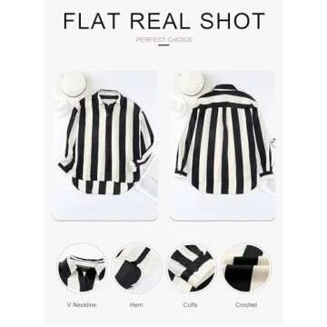 Astylish Women Fashion Button Down Soft Silky Shirt 2024 V-Neck Nice Color Block Long Sleeve Basic Work Formal Casual Blouse Striped Black Small