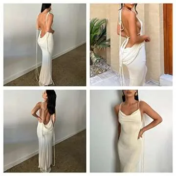 JUMISEE Women Sexy Backless Draped Maxi Dress Elegant Sleeveless Spaghetti Strap Evening Dress Long Club Party Beach Dress Beige