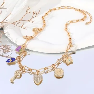 Gold Charm Necklace for Women with Cute Colorful Pendants