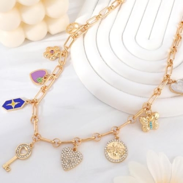 Gold Charm Necklace for Women with Cute Colorful Pendants