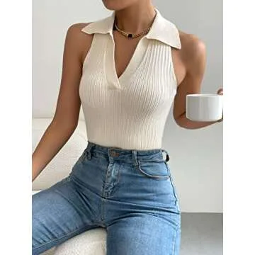 COZYEASE Women's Collared Ribbed Tank Knit Top Solid Ribbed Knit Sleeveless Casual Plain Summer Top Apricot XS