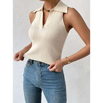 COZYEASE Women's Collared Ribbed Tank Knit Top Solid Ribbed Knit Sleeveless Casual Plain Summer Top Apricot XS