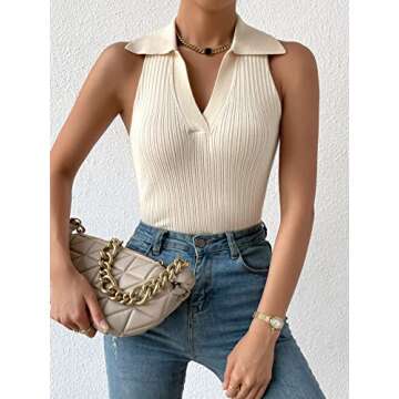 COZYEASE Women's Collared Ribbed Tank Knit Top Solid Ribbed Knit Sleeveless Casual Plain Summer Top Apricot XS