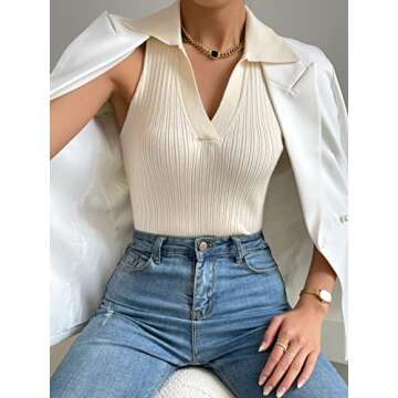 COZYEASE Women's Collared Ribbed Tank Knit Top Solid Ribbed Knit Sleeveless Casual Plain Summer Top Apricot XS