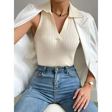 COZYEASE Women's Collared Ribbed Tank Knit Top Solid Ribbed Knit Sleeveless Casual Plain Summer Top Apricot XS