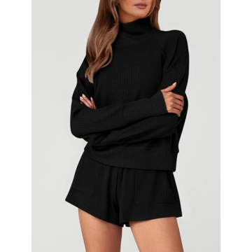 PRETTYGARDEN Womens 2024 Ribbed Knit Lounge Set 2 Piece Outfits Long Sleeve Tops and Shorts Fall Loungewear Sets with Pockets(Black,Large)