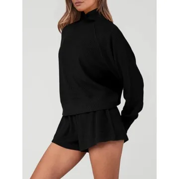 PRETTYGARDEN Womens 2024 Ribbed Knit Lounge Set 2 Piece Outfits Long Sleeve Tops and Shorts Fall Loungewear Sets with Pockets(Black,Large)
