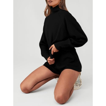 PRETTYGARDEN Womens 2024 Ribbed Knit Lounge Set 2 Piece Outfits Long Sleeve Tops and Shorts Fall Loungewear Sets with Pockets(Black,Large)