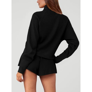 PRETTYGARDEN Womens 2024 Ribbed Knit Lounge Set 2 Piece Outfits Long Sleeve Tops and Shorts Fall Loungewear Sets with Pockets(Black,Large)