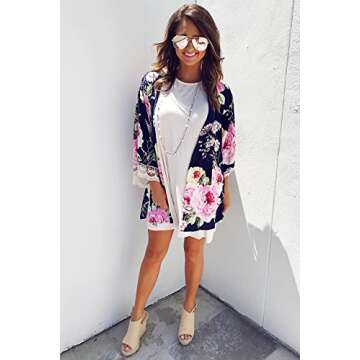 ZEAMO Women Flowy Sheer Crop Sleeves Loose Chiffon Kimono Cardigan Blouse Top (Small, Navy Blue2)