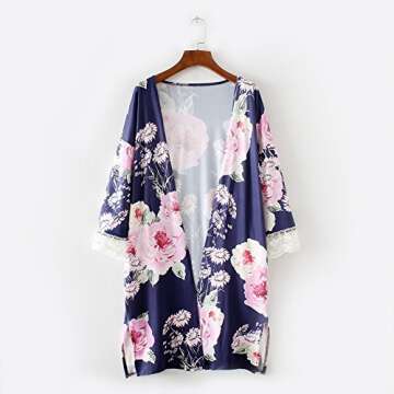 ZEAMO Women Flowy Sheer Crop Sleeves Loose Chiffon Kimono Cardigan Blouse Top (Small, Navy Blue2)