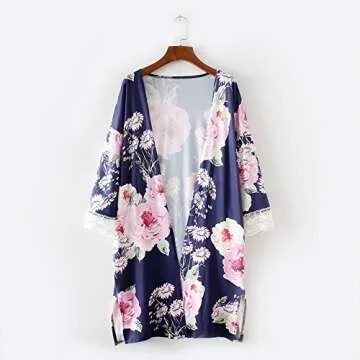 ZEAMO Women Flowy Sheer Crop Sleeves Loose Chiffon Kimono Cardigan Blouse Top (Small, Navy Blue2)