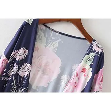 ZEAMO Women Flowy Sheer Crop Sleeves Loose Chiffon Kimono Cardigan Blouse Top (Small, Navy Blue2)