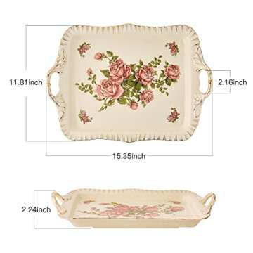 YOLIFE Ivory Serving Tray, Ceramic Floral and Gold Leaves Decorative Platter for Tea Party 15 X 11 inch (Pink Rose)