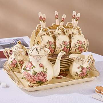 YOLIFE Ivory Serving Tray, Ceramic Floral and Gold Leaves Decorative Platter for Tea Party 15 X 11 inch (Pink Rose)