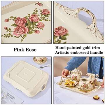 YOLIFE Ivory Serving Tray, Ceramic Floral and Gold Leaves Decorative Platter for Tea Party 15 X 11 inch (Pink Rose)