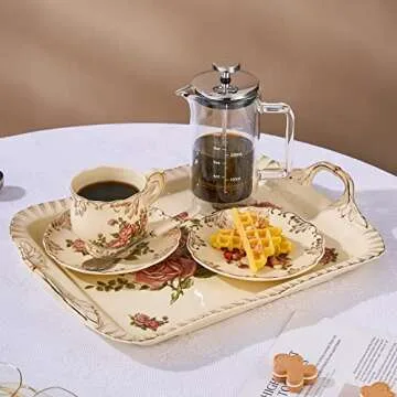 YOLIFE Ivory Serving Tray, Ceramic Floral and Gold Leaves Decorative Platter for Tea Party 15 X 11 inch (Pink Rose)