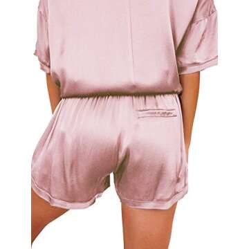LYANER Women's Satin Silky Pajamas Set Short Sleeve T-shirt With Shorts Set Pjs Loungewear Rosy Pink...