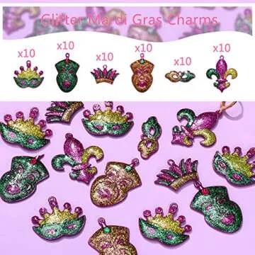 CEALXHENY 40PCS Mardi Gras Charms for Jewelry Making Rhinestone Enamel Mask Crown Fleur De Lis Pendant Charms for Necklace Bracelet Earrings Making DIY Crafts (40PCS Glitter Charms)