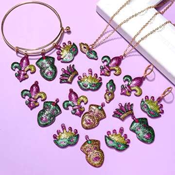 CEALXHENY 40PCS Mardi Gras Charms for Jewelry Making Rhinestone Enamel Mask Crown Fleur De Lis Pendant Charms for Necklace Bracelet Earrings Making DIY Crafts (40PCS Glitter Charms)