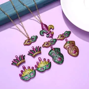 CEALXHENY 40PCS Mardi Gras Charms for Jewelry Making Rhinestone Enamel Mask Crown Fleur De Lis Pendant Charms for Necklace Bracelet Earrings Making DIY Crafts (40PCS Glitter Charms)