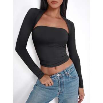 Trendy Queen Womens Going Out Tops Long Sleeve Shirts Tube Crop Cute Y2K Top Shrug Basic Bandeau Str...
