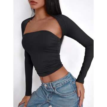 Trendy Queen Womens Going Out Tops Long Sleeve Shirts Tube Crop Cute Y2K Top Shrug Basic Bandeau Strapless Slim Fits 2025 Fashion Clothes Separately Black M