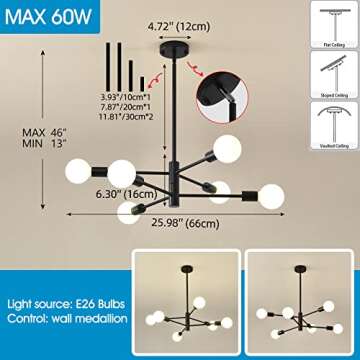 HHR Modern Sputnik Chandelier, Industrial 6-Light Black Ceiling Light Fixture,Height Adjustable Lighting for Kitchen Island,Bedroom Dining Room Living Room Farmhouse