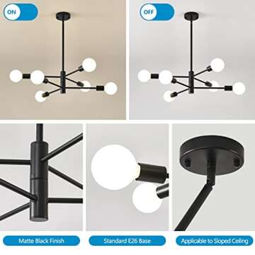 HHR Modern Sputnik Chandelier, Industrial 6-Light Black Ceiling Light Fixture,Height Adjustable Lighting for Kitchen Island,Bedroom Dining Room Living Room Farmhouse