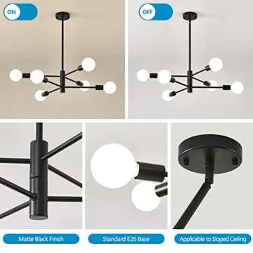 HHR Modern Sputnik Chandelier, Industrial 6-Light Black Ceiling Light Fixture,Height Adjustable Lighting for Kitchen Island,Bedroom Dining Room Living Room Farmhouse