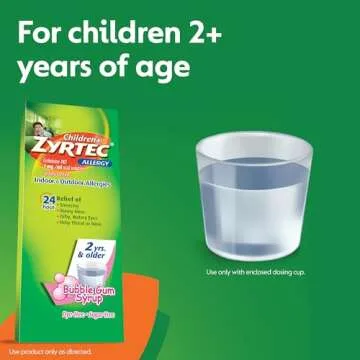 Zyrtec Children's 24 Hour Allergy Relief Syrup, 5 mg Cetirizine HCl Antihistamine, Kids Allergy Medicine for Indoor & Outdoor Allergy Relief, Dye-Free & Sugar-Free, Bubble Gum, 4 fl. oz