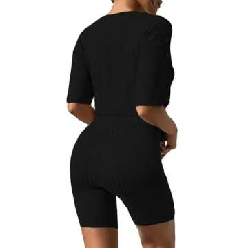 Ekouaer Pajamas 2 Piece Lounge Sets Ribbed Knit Matching Outfits T-shirt Biker Shorts Sleepwear Loun...