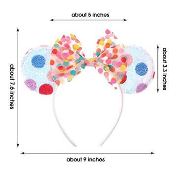JIAHANG Mouse Ears Headband with Rainbow Polka Dots, Chiffon Bow Hair Band, Party Festival Decoratio...
