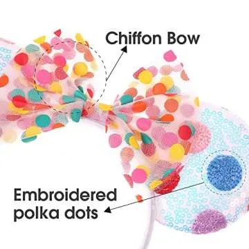 JIAHANG Mouse Ears Headband with Rainbow Polka Dots, Chiffon Bow Hair Band, Party Festival Decoration Costume Headwear for Teens Girls Women