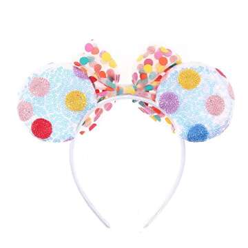 JIAHANG Mouse Ears Headband with Rainbow Polka Dots, Chiffon Bow Hair Band, Party Festival Decoration Costume Headwear for Teens Girls Women