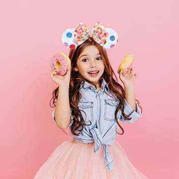 JIAHANG Mouse Ears Headband with Rainbow Polka Dots, Chiffon Bow Hair Band, Party Festival Decoration Costume Headwear for Teens Girls Women