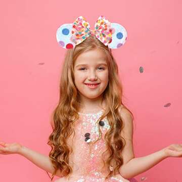 JIAHANG Mouse Ears Headband with Rainbow Polka Dots, Chiffon Bow Hair Band, Party Festival Decoration Costume Headwear for Teens Girls Women
