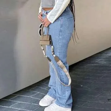 AprPith Women's Mid Waisted Straight Wide Leg Jeans Loose Fit Boyfriend Tummy Control Trendy Denim Pants with Pocket Light Blue