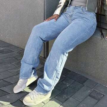 AprPith Women's Mid Waisted Straight Wide Leg Jeans Loose Fit Boyfriend Tummy Control Trendy Denim Pants with Pocket Light Blue