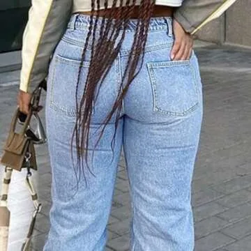 AprPith Women's Mid Waisted Straight Wide Leg Jeans Loose Fit Boyfriend Tummy Control Trendy Denim Pants with Pocket Light Blue