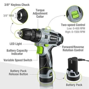 WORKPRO 12V Cordless Drill Driver with 61-Piece Home Tool Kit