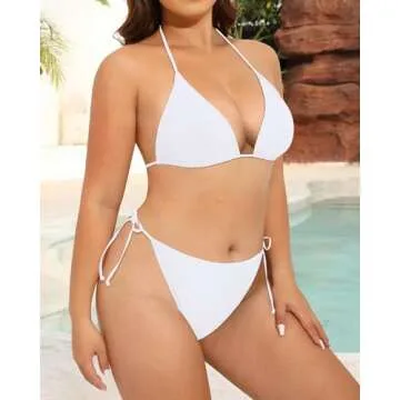 Tempt Me Women Plus Size Triangle Bikini String Two Piece Halter Tie Side Swimsuit White 14 Plus